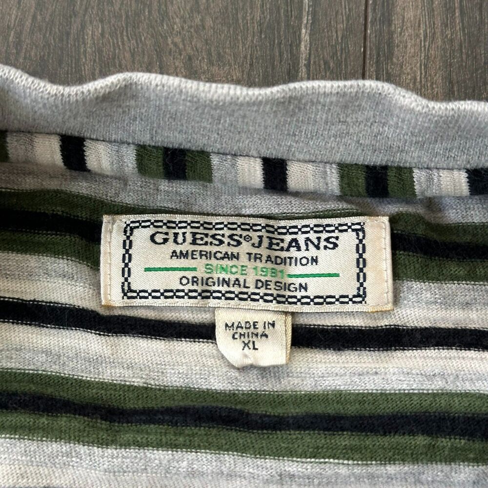 Vintage Guess Jeans Striped Short Sleeve Shirt Green Gray Embroidered logo Sz XL - Picture 4 of 4